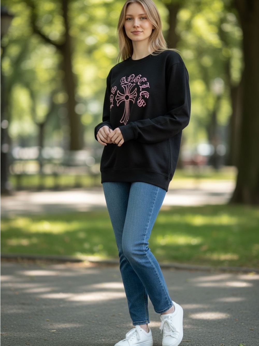 Rewash Black Sweatshirt with Pink Gothic Cross Graphic